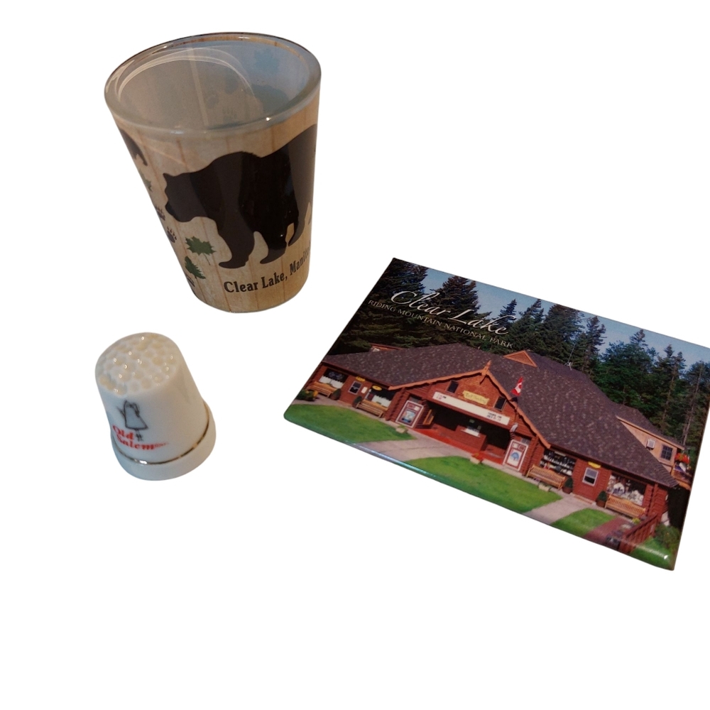 Clear Lake Bear Shot Glass And Magnet Old Salem Thimble Travel Souvenirs NEW